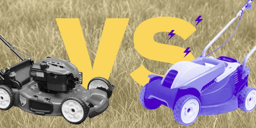 black and white gas lawn mower and purple electric lawn mower on a grass background with large letters "v" "s" behind the lawn mowers